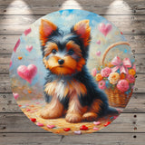 Yorkshire Terrier Puppy, Welcome, Hearts, Valentines, Florals, Whimsical, Round, Light Weight, Metal Wreath Sign, No Holes UV Coated