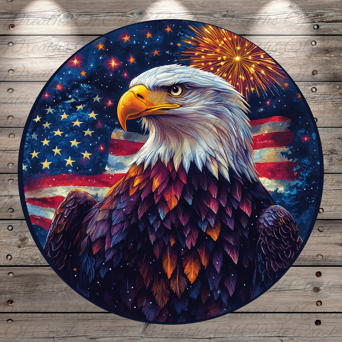 a painting of a bald eagle with fireworks in the background