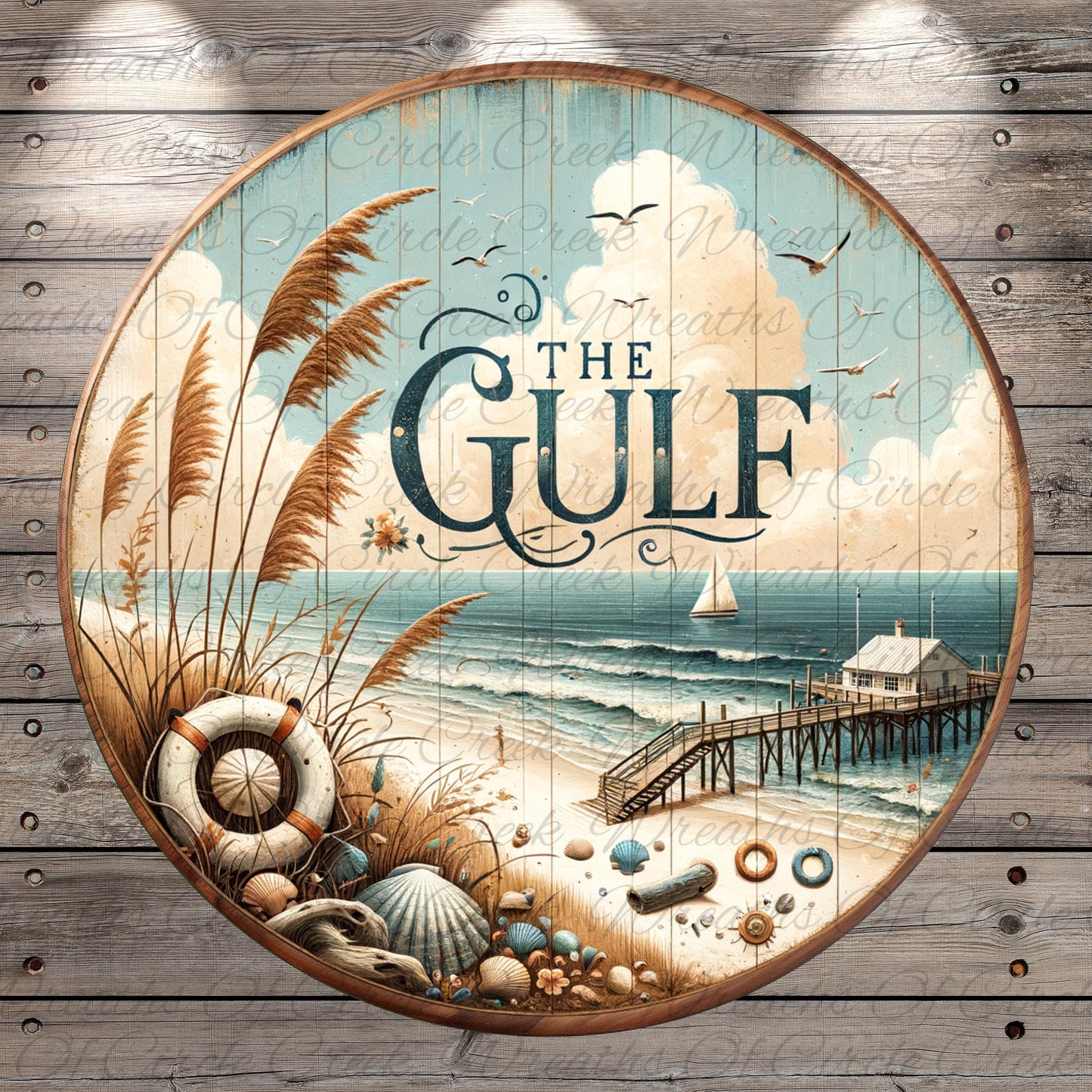 The image is a circular sign with a beach scene and a boat, featuring the text "The Gulf" prominently displayed.