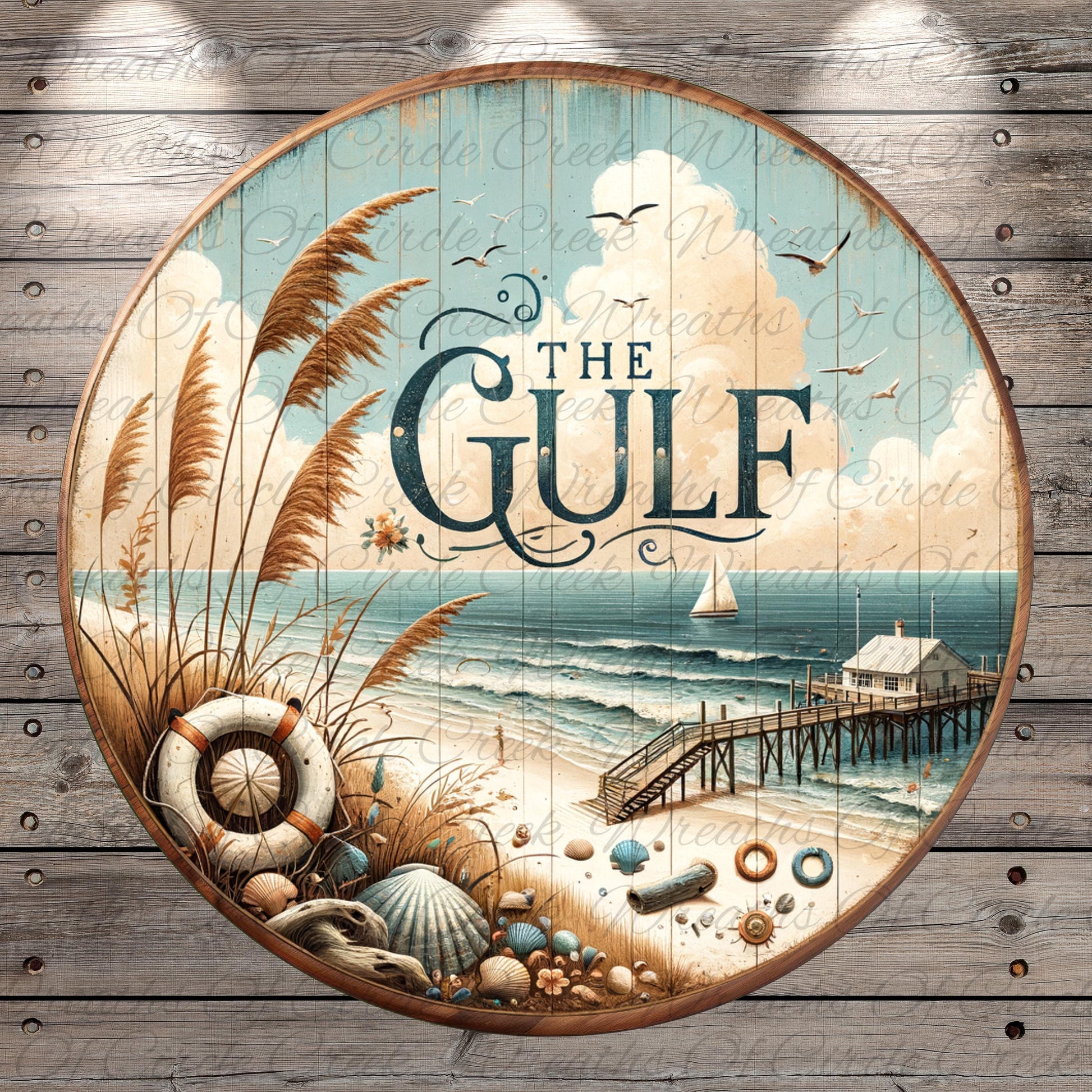 The image is a circular sign with a beach scene and a boat, featuring the text "The Gulf" prominently displayed.