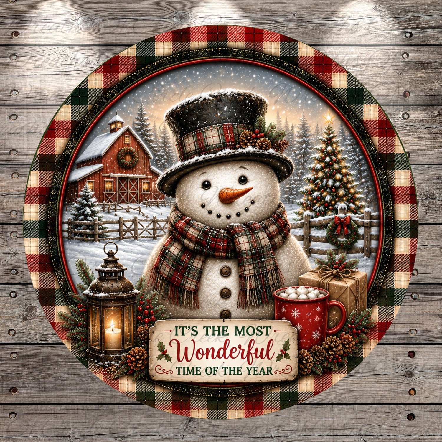 A snowman wearing a plaid scarf and hat, surrounded by holiday decorations such as a lantern, a gift, and a cup of hot chocolate, with a barn and Christmas tree in the background.
