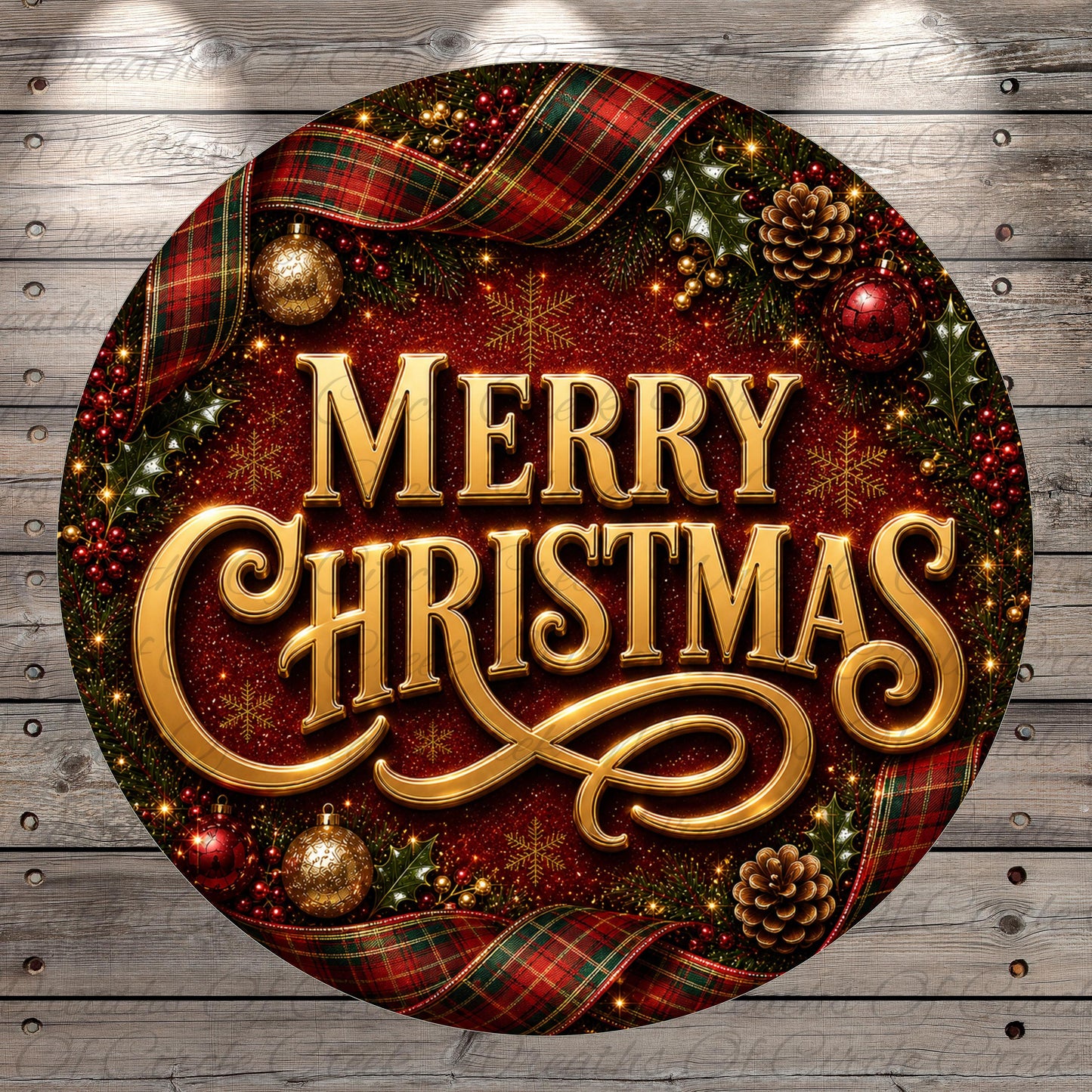 A festive Christmas wreath with the text "Merry Christmas" displayed prominently in the center. The wreath is adorned with various holiday decorations such as pine cones, berries, and ornaments, creating a warm and celebratory atmosphere.