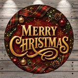 A festive Christmas wreath with the text "Merry Christmas" displayed prominently in the center. The wreath is adorned with various holiday decorations such as pine cones, berries, and ornaments, creating a warm and celebratory atmosphere.