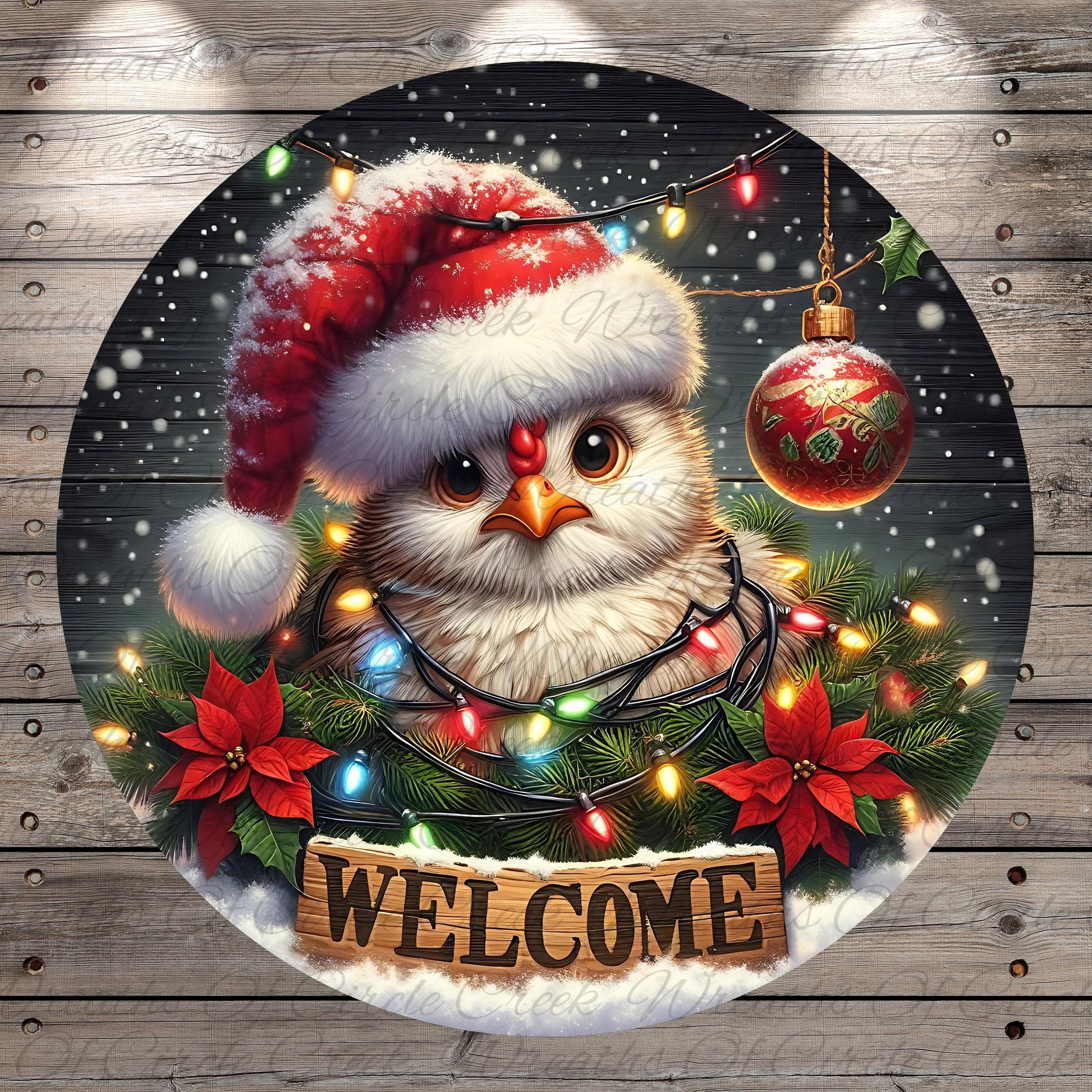 A digital illustration of a bird wearing a Santa hat, surrounded by Christmas decorations such as poinsettias, lights, and a sign that says "WELCOME".
