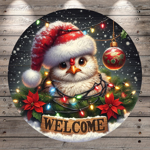 A digital illustration of a bird wearing a Santa hat, surrounded by Christmas decorations such as poinsettias, lights, and a sign that says "WELCOME".