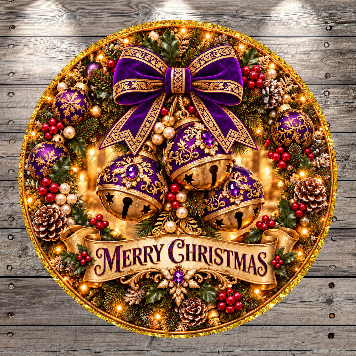 A festive Christmas wreath adorned with various ornaments, including bells, pine cones, berries, and a large purple bow, all set against a wooden background. The wreath is decorated with the text "Merry Christmas" prominently displayed.