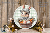 A round plate with a cartoon rabbit wearing a hat and holding a basket of Easter eggs, surrounded by flowers and greenery.