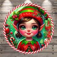 Girl Elf, Merry Christmas, Classic, Retro, Candy Canes, Red, Green, Round, Light Weight, Metal ,Wreath Sign, No Holes In Sign