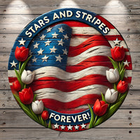 Stars And Stripes, Forever, Tulips, Patriotic, American Flag, Faux Wood, Round, Rustic, Light Weight, Metal, Wreath Sign, No Holes In Sign