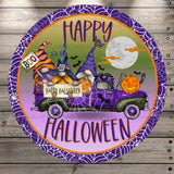 Gnomes In Purple Truck, Happy Halloween, Spiderweb Border, Round UV Coated, Metal Sign, No Holes