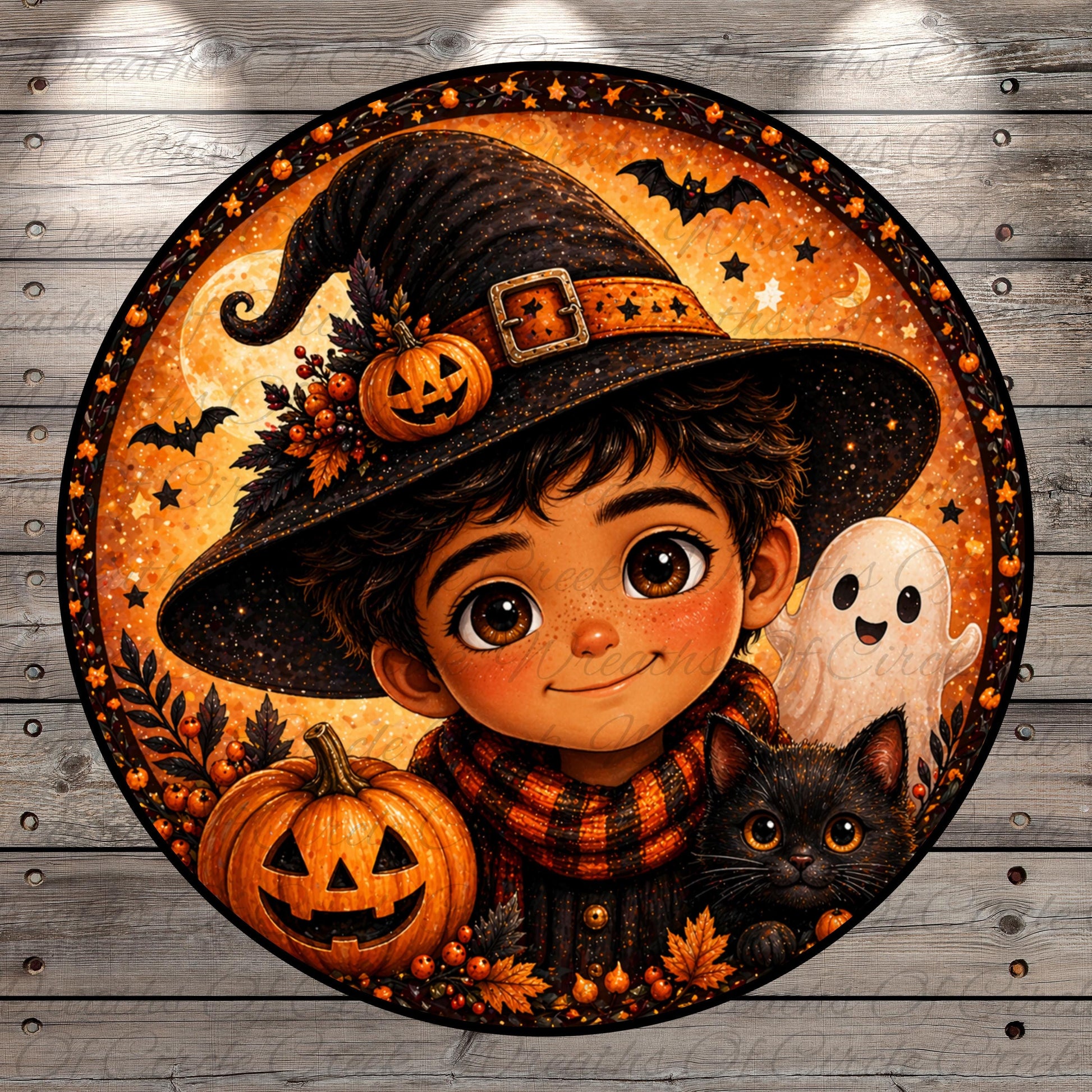 A young boy wearing a witch's hat and surrounded by Halloween-themed elements, including a pumpkin, a ghost, and a cat.