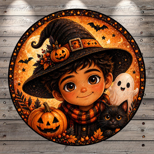 A young boy wearing a witch's hat and surrounded by Halloween-themed elements, including a pumpkin, a ghost, and a cat.
