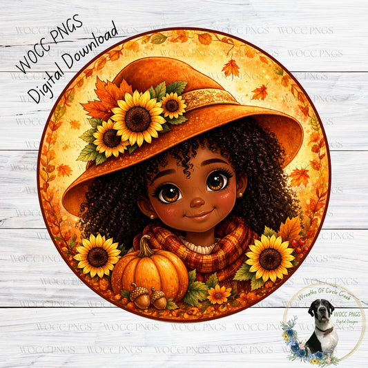 A digital illustration of a young girl wearing a large hat with sunflowers, surrounded by autumn leaves and a pumpkin.