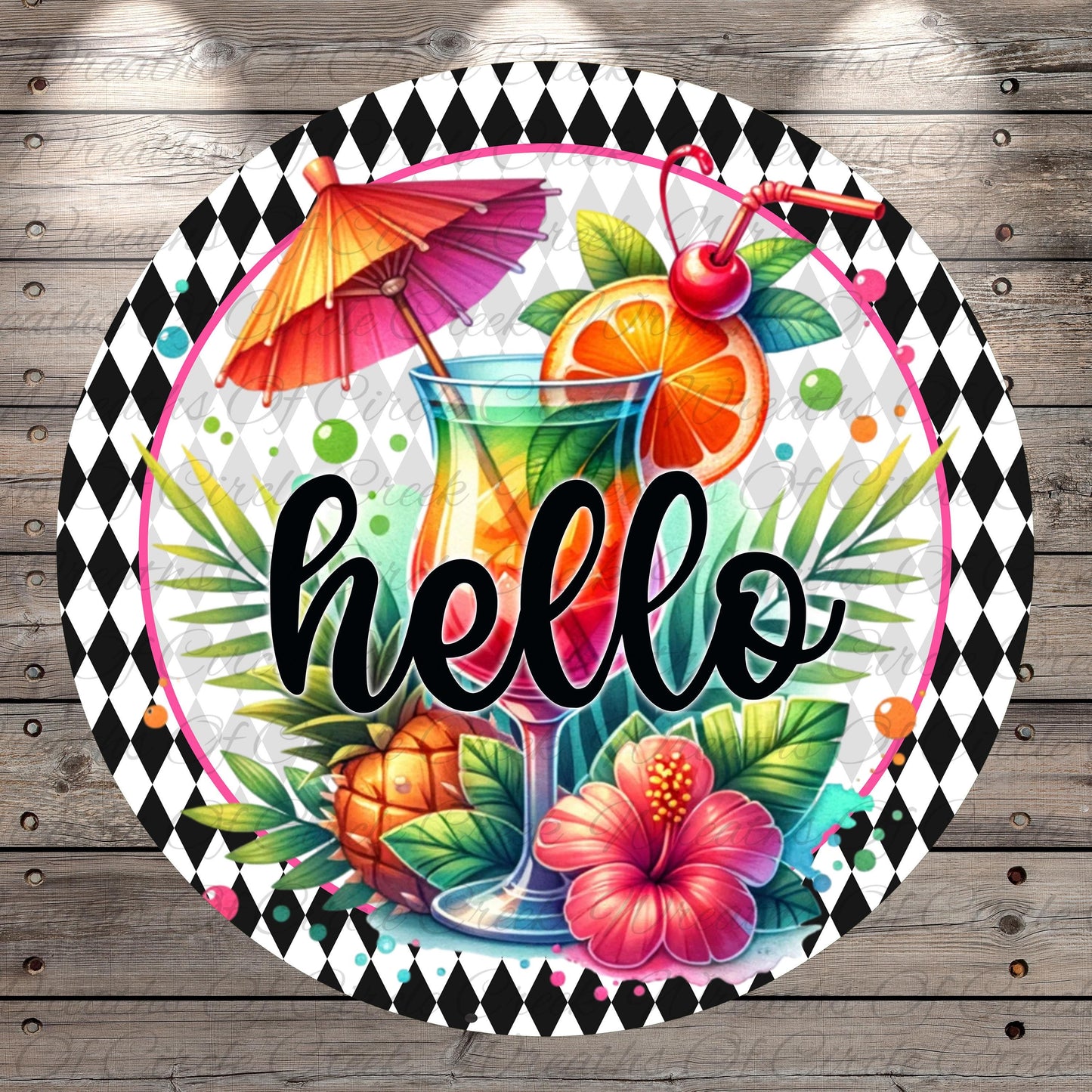 Hello Tropical Drink Sign | Lightweight Round Metal Wreath Sign | No Holes in Sign | Summer Patio Decor