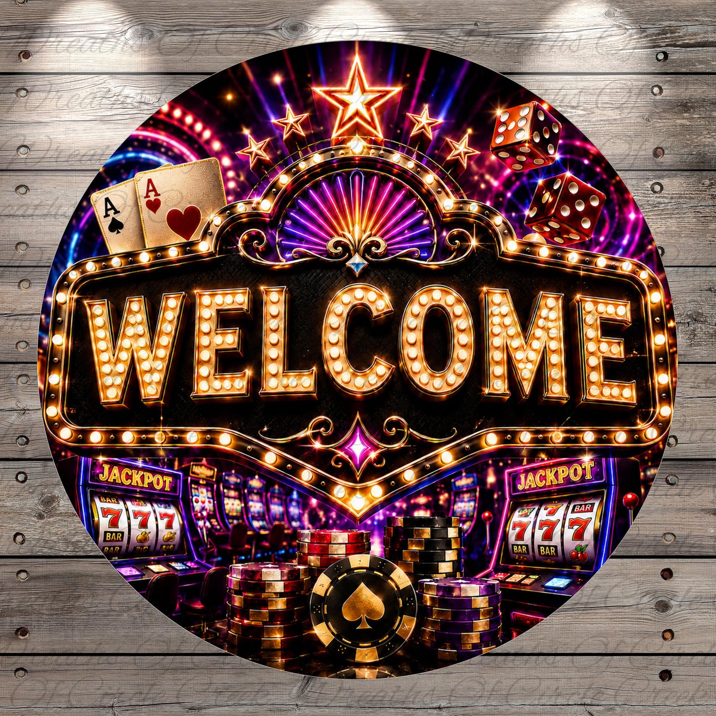 The image is a vibrant and colorful casino-themed sign with the word "WELCOME" prominently displayed. The sign is surrounded by various casino elements, such as slot machines, poker chips, and a roulette wheel, creating a lively and inviting atmosphere.