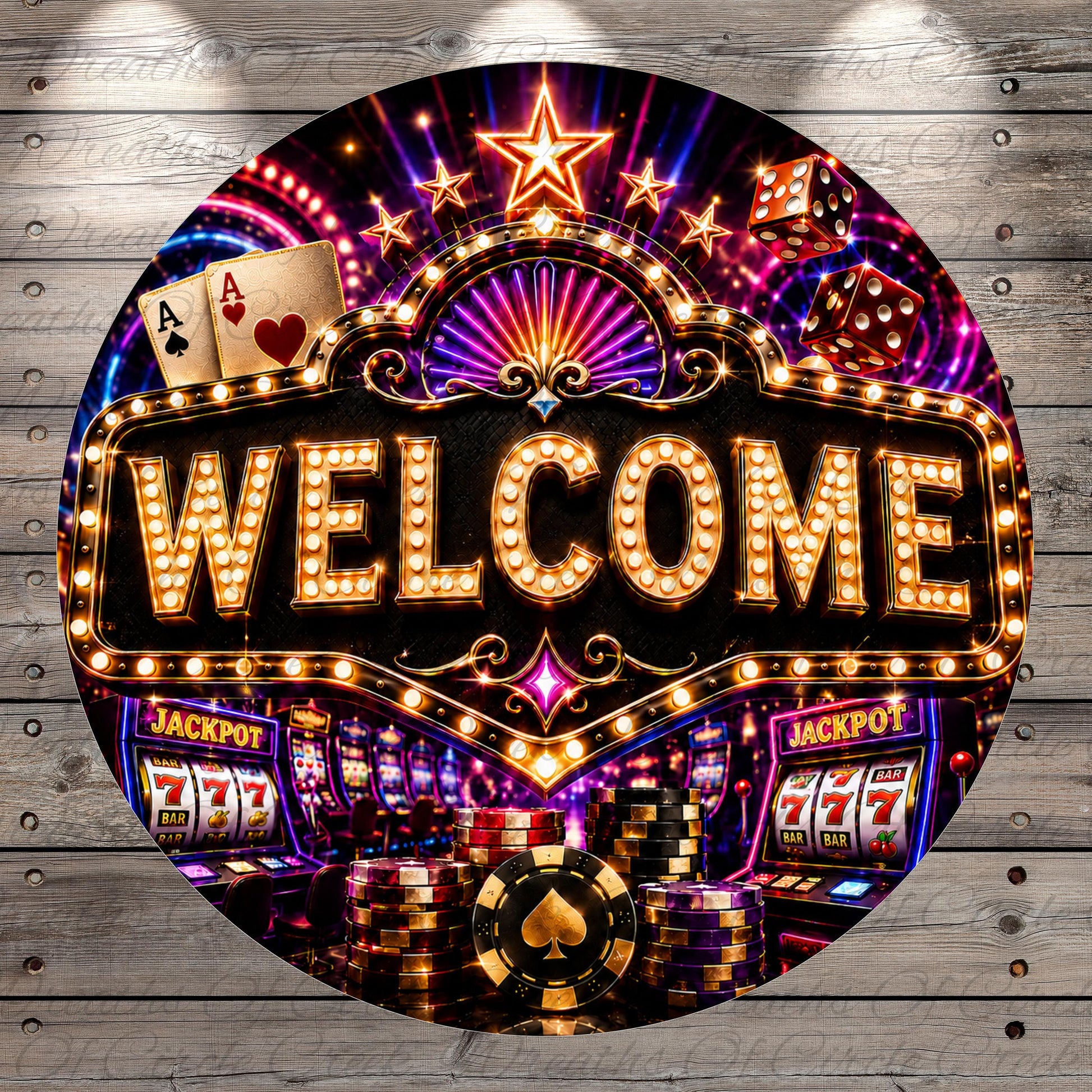 The image is a vibrant and colorful casino-themed sign with the word "WELCOME" prominently displayed. The sign is surrounded by various casino elements, such as slot machines, poker chips, and a roulette wheel, creating a lively and inviting atmosphere.