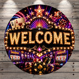 The image is a vibrant and colorful casino-themed sign with the word "WELCOME" prominently displayed. The sign is surrounded by various casino elements, such as slot machines, poker chips, and a roulette wheel, creating a lively and inviting atmosphere.