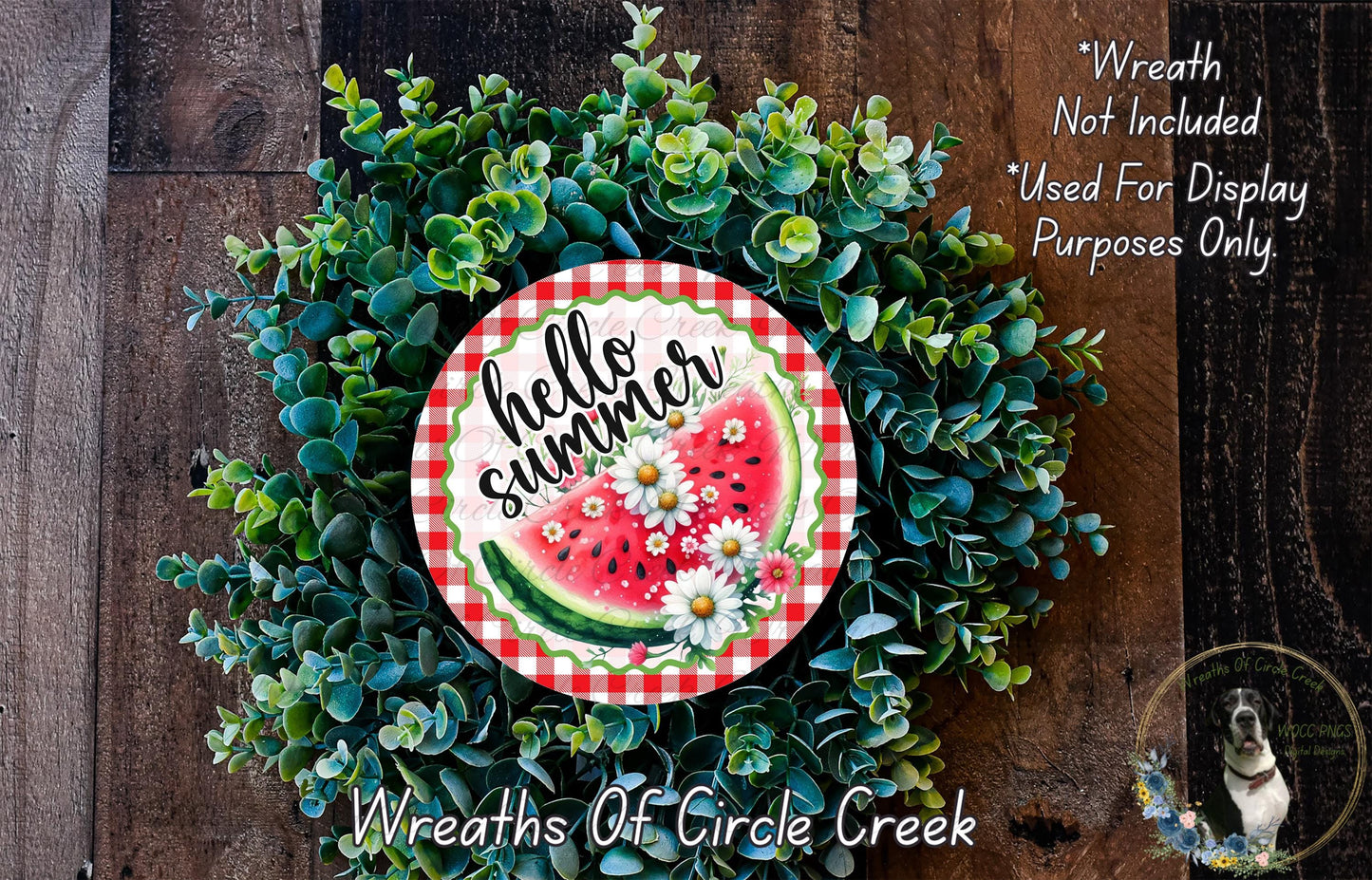 A wreath made of green leaves and flowers, with a red and white checkered plate in the center displaying the text "Hello summer" and a watermelon graphic.