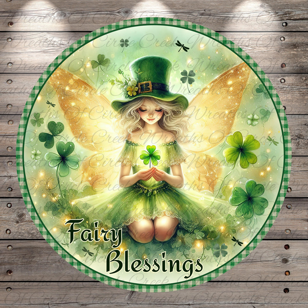 A digital illustration of a fairy wearing a green hat and holding a four-leaf clover, surrounded by shamrocks and other green elements, with the text "Fairy Blessings" at the bottom.