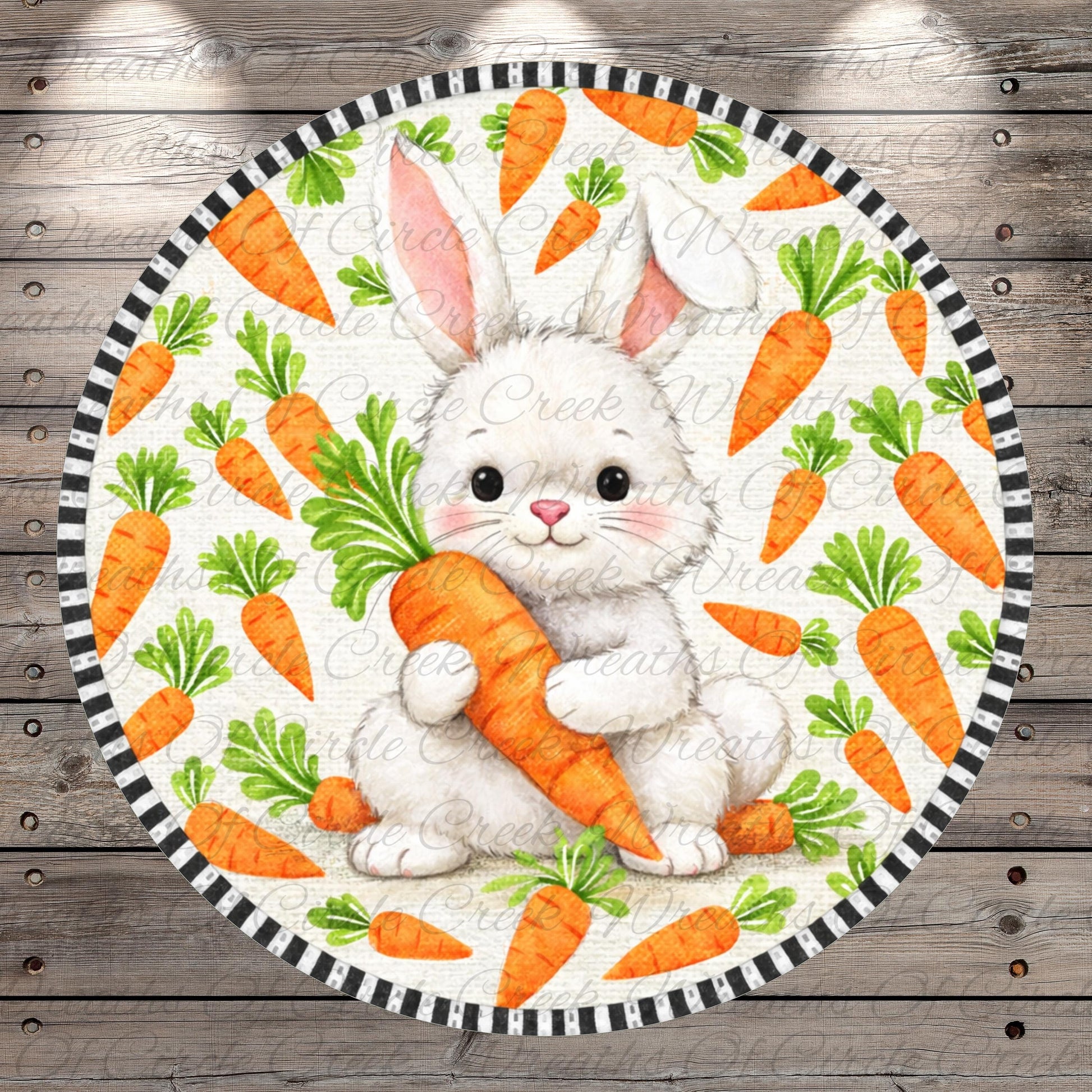 A round, decorative plate featuring a white bunny holding a large carrot, surrounded by numerous smaller carrots.