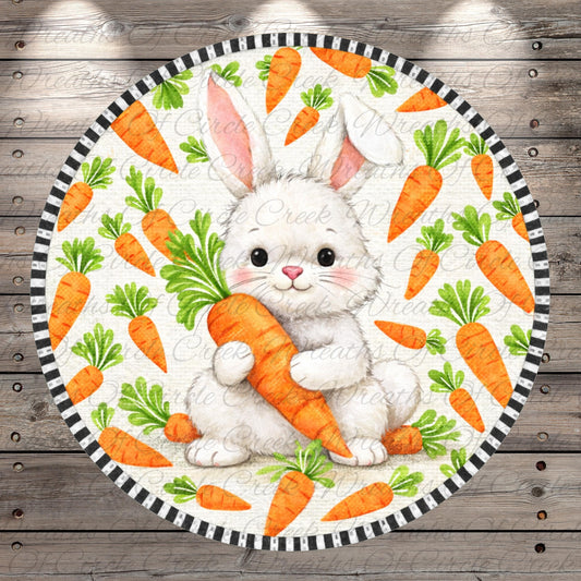 A round, decorative plate featuring a white bunny holding a large carrot, surrounded by numerous smaller carrots.