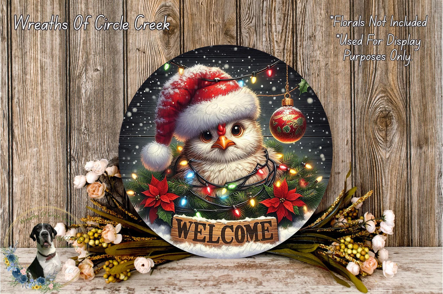 A festive wreath with a bird wearing a Santa hat, surrounded by holiday decorations such as poinsettias, pine cones, and a "Welcome" sign.
