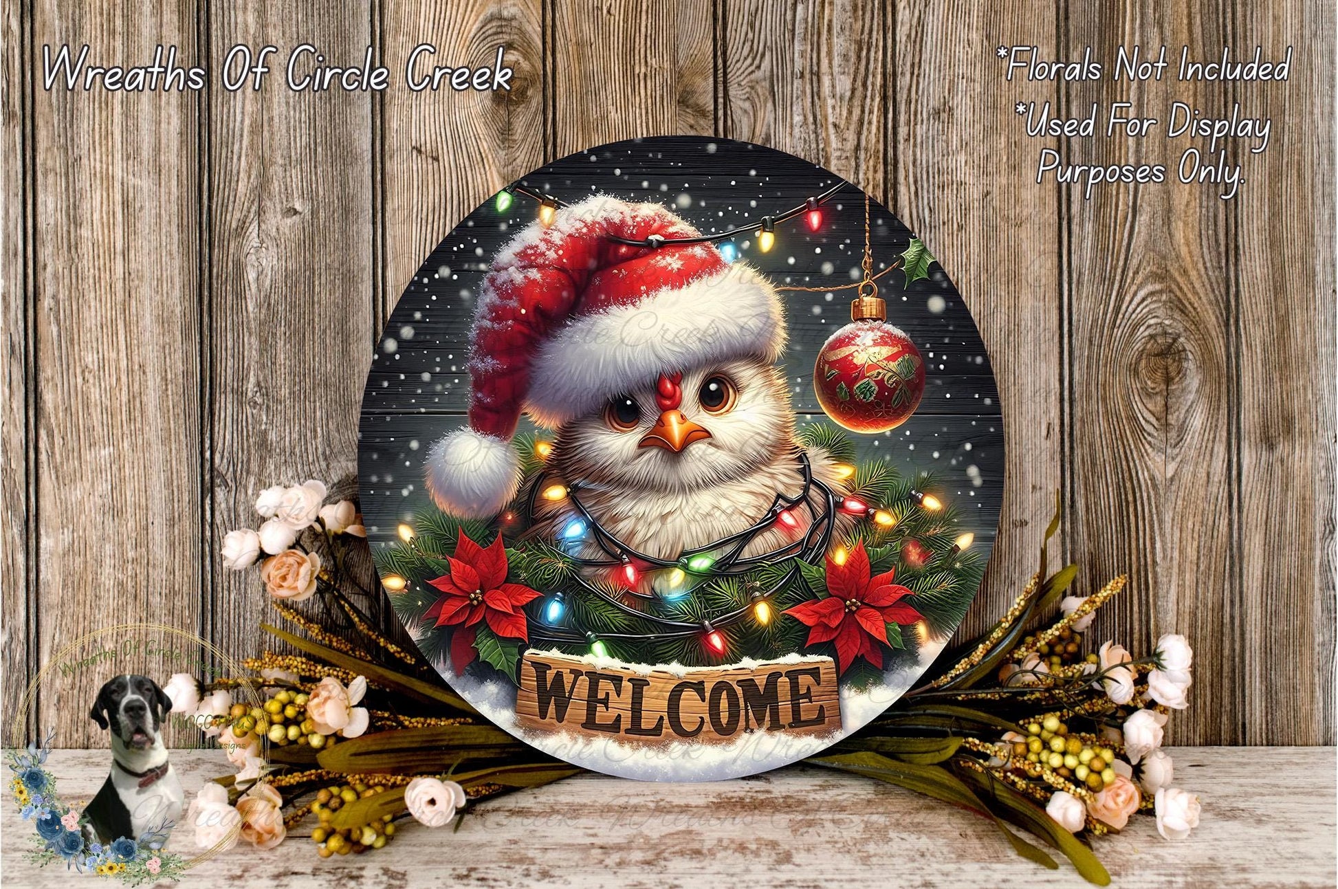 A festive wreath with a bird wearing a Santa hat, surrounded by holiday decorations such as poinsettias, pine cones, and a "Welcome" sign.