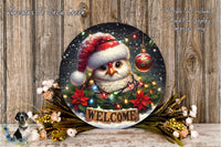 A festive wreath with a bird wearing a Santa hat, surrounded by holiday decorations such as poinsettias, pine cones, and a "Welcome" sign.