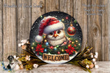 A festive wreath with a bird wearing a Santa hat, surrounded by holiday decorations such as poinsettias, pine cones, and a "Welcome" sign.