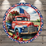 Farm Truck, God Bless America, Patriotic, Red Roses, American Flags, Light Weight, Metal Wreath Sign, No Holes In Sign