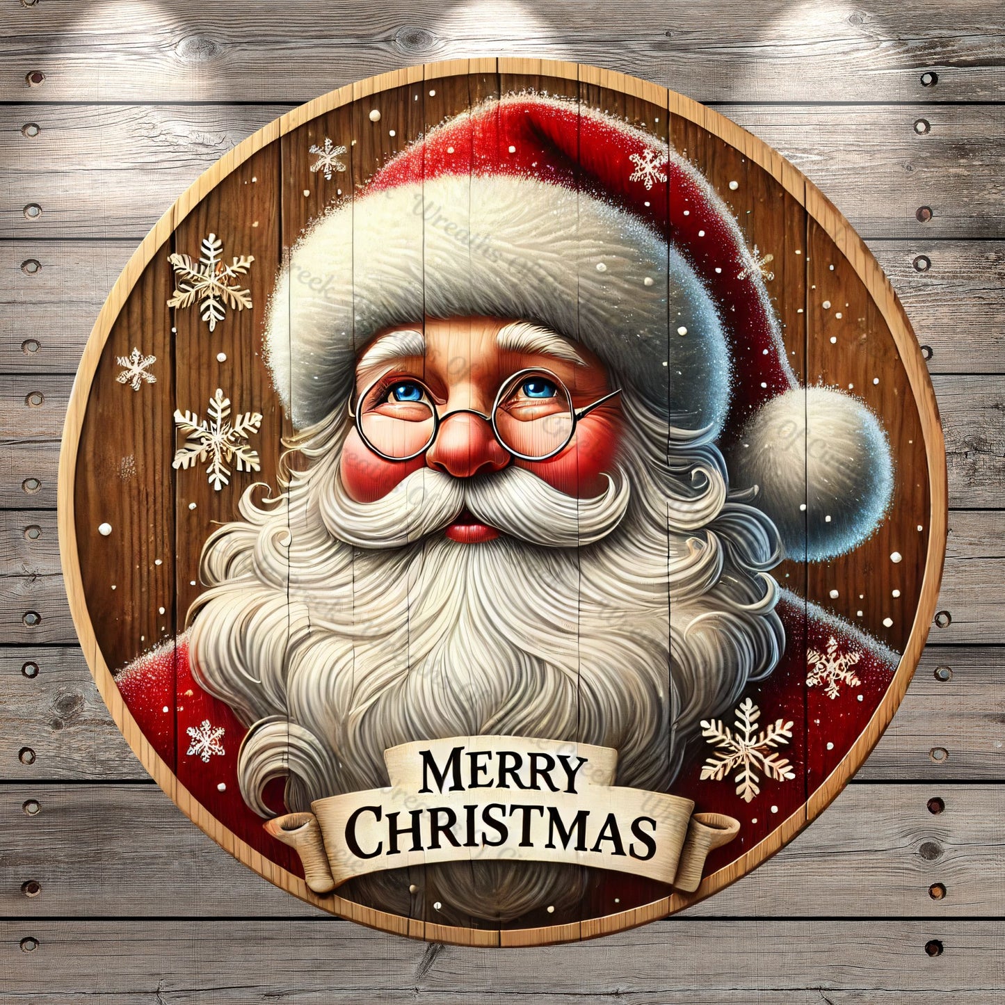 St. Nick, Santa Claus, Merry Christmas, Snowflakes, Faux Wood, Light Weight, Metal, Wreath Sign, No Holes In Sign