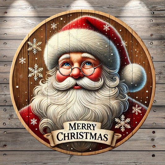 St. Nick, Santa Claus, Merry Christmas, Snowflakes, Faux Wood, Light Weight, Metal, Wreath Sign, No Holes In Sign