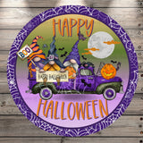 Gnomes In Purple Truck, Happy Halloween, Spiderweb Border, Round UV Coated, Metal Sign, No Holes