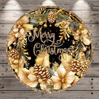 Gold and Black, Merry Christmas, Gold Wreath Foliage, Round, Light Weight, Metal, Wreath Sign, No Holes In Sign