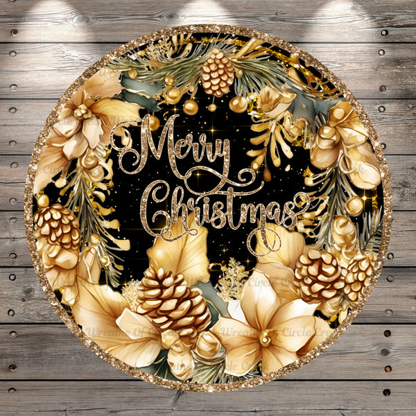 Gold and Black, Merry Christmas, Gold Wreath Foliage, Round, Light Weight, Metal, Wreath Sign, No Holes In Sign