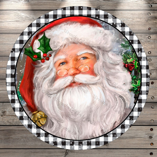 Classic Santa, Plaid, Christmas, Round Metal, Wreath Sign, No Holes