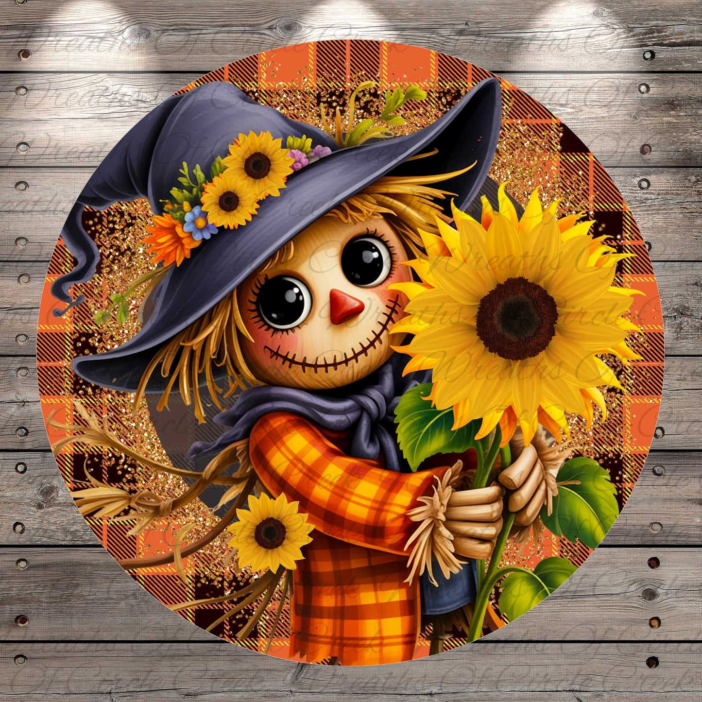 A cheerful scarecrow holding a sunflower, surrounded by a plaid pattern and autumnal elements.