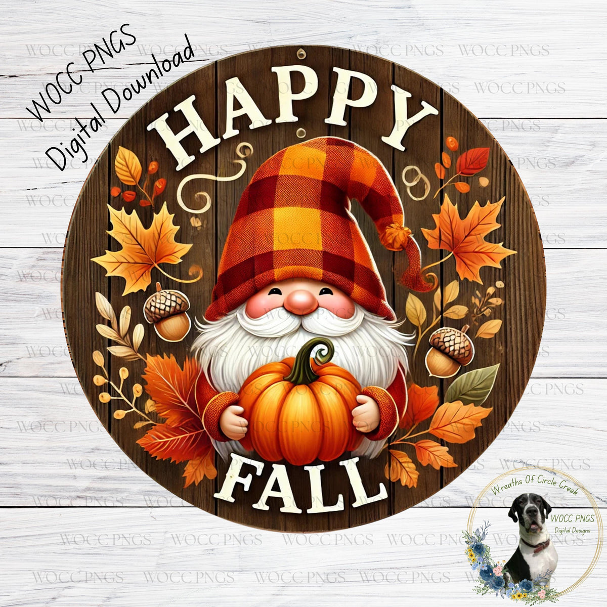 Happy Fall Gnome PNG | Plaid Hat Gnome with Pumpkin Sign | Rustic Autumn Wreath | Digital Download | WOCC PNGS