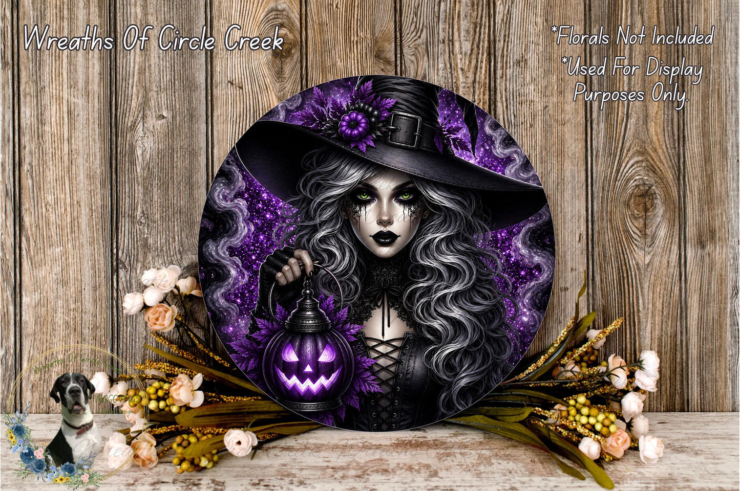 a woman with long, dark hair wearing a black hat and holding a lantern with a jack-o-lantern face on it. The background is purple and has a spooky, gothic-inspired aesthetic. The woman is surrounded by flowers and a lantern, creating a festive and Halloween-themed atmosphere.