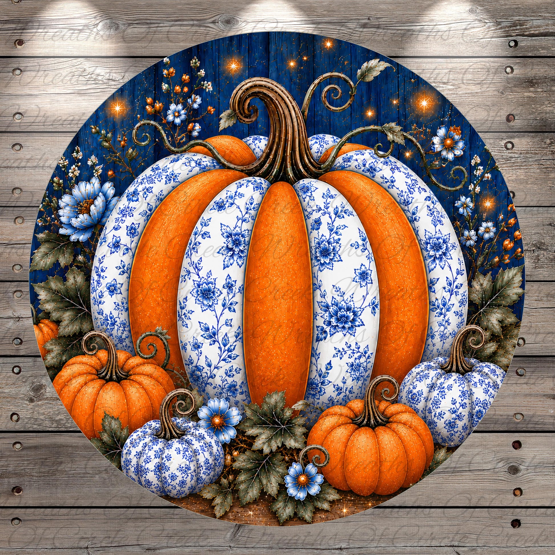 A large, ornate pumpkin with blue and white floral patterns is surrounded by smaller pumpkins and flowers against a dark blue background with twinkling lights.