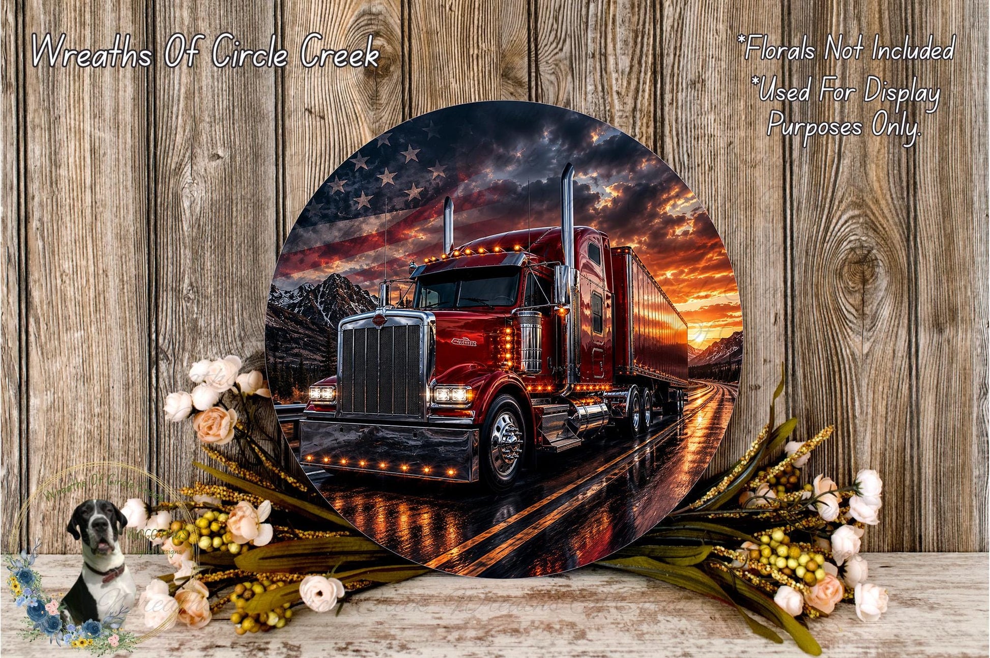 A large circular print featuring a red semi-truck driving on a road with a dramatic sunset in the background, surrounded by flowers and greenery.
