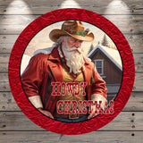 Howdy Christmas, Cowboy Santa, Round, Light Weight, Metal, Wreath Sign, No Holes In Sign