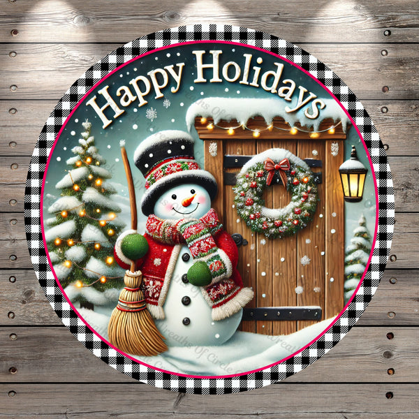 Happy Holidays, Classic Snowman, Plaid, Wreath, Christmas Tree, Winter, Plaid, Round, Light Weight, Metal, Wreath Sign, No Holes In Sign