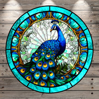 Peacock, Blue, Green, Stain Glass Print, Round, Light Weight, Metal Wreath Sign, No Holes, UV Coated