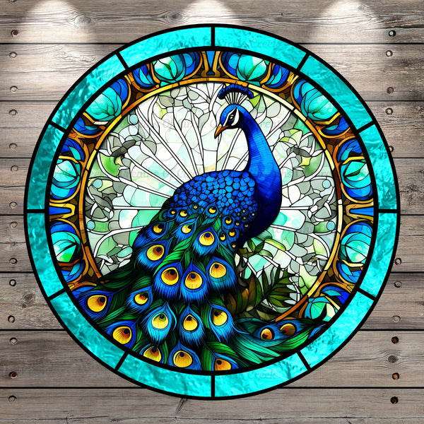 Peacock, Blue, Green, Stain Glass Print, Round, Light Weight, Metal Wreath Sign, No Holes, UV Coated