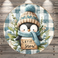 Let It Snow, Penguin, Blue and White Plaid, Round, Light Weight, Metal ,Wreath Sign, No Holes In Sign