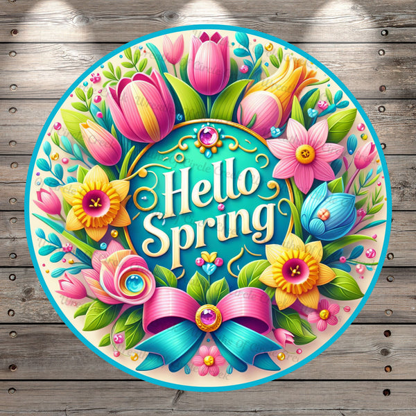 Tulips, Florals, Hello Spring, Blue, Pink, Yellow, Light Weight, Metal Wreath Sign, No Holes in Sign