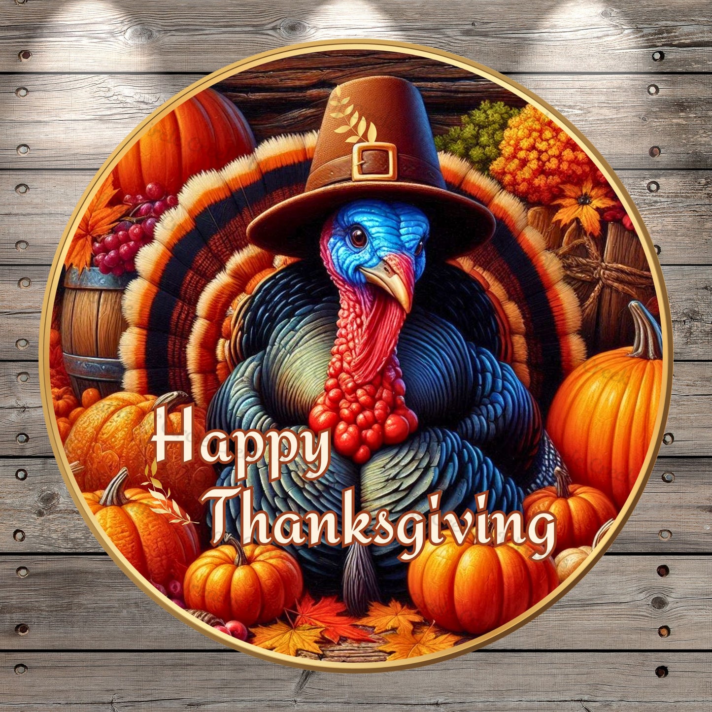 Wild Turkey, Happy Thanksgiving, Turkey Sitting By Pumpkins, Round, Light Weight ,Metal, Wreath Sign, No Holes In Sign
