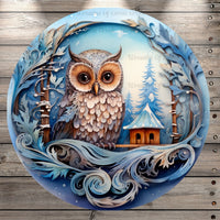 Welcome, Winter Woodland Owl, Round, Light Weight, Metal Wreath Sign, No Holes