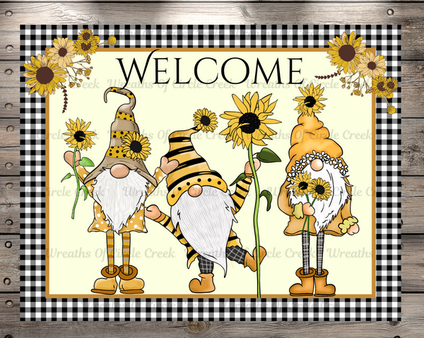 Welcome Sunflower Gnomes, Black And White Plaid Border, Light Weight, Wreath Sign, Metal, No Holes